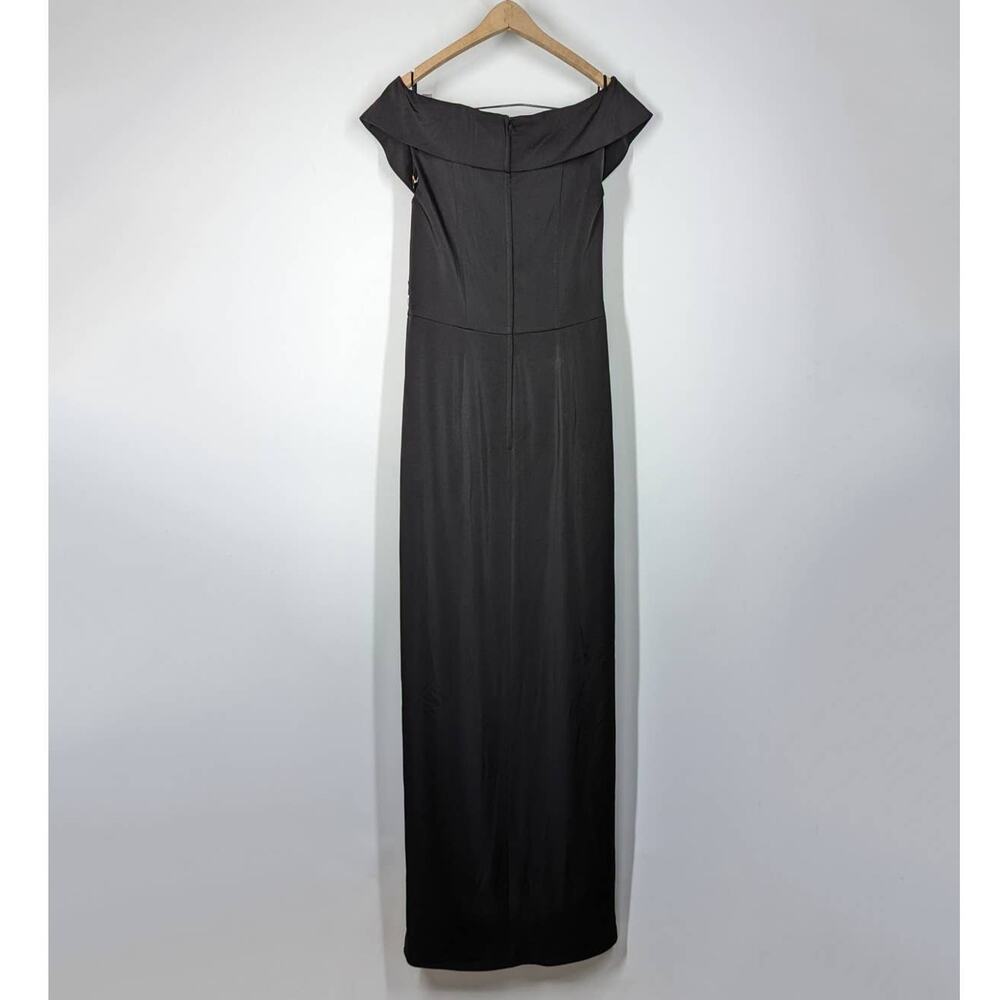 La Femme Surplice Off The Shoulder Column Gown Dress Black Satin Size 8 Preowned - Picture 3 of 8